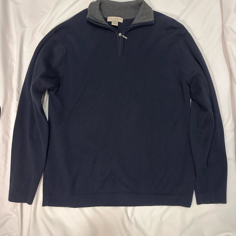 Retreat Men’s Quarter Zip Pullover Sweater Navy Blue Cotton Size L